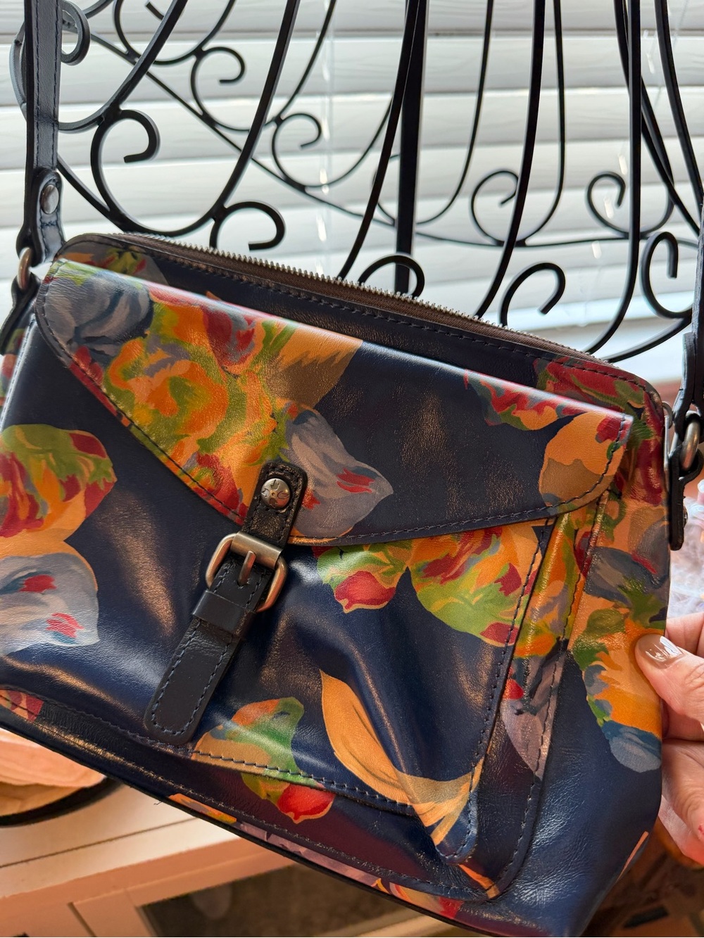 Patricia Nash Le Fleur Navy Floral Leather Crossbody Bag